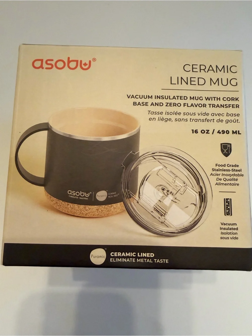 Asobu Puramic Ceramic Lined Vacuum Insulated Mug 16 oz Black Cork Base